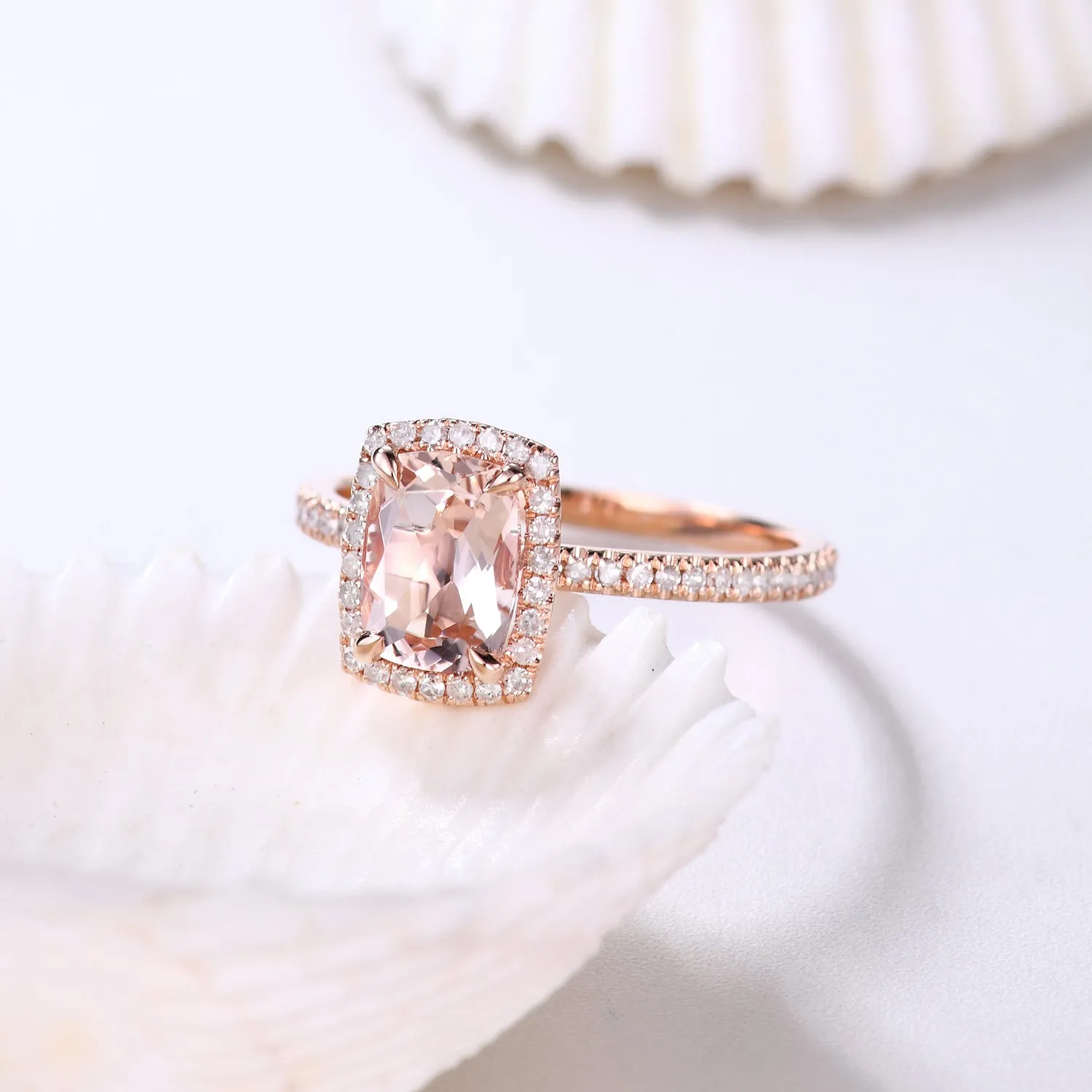Cushion Halo 5x7mm Morganite and Diamond Bridal Ring Petite Thin Design