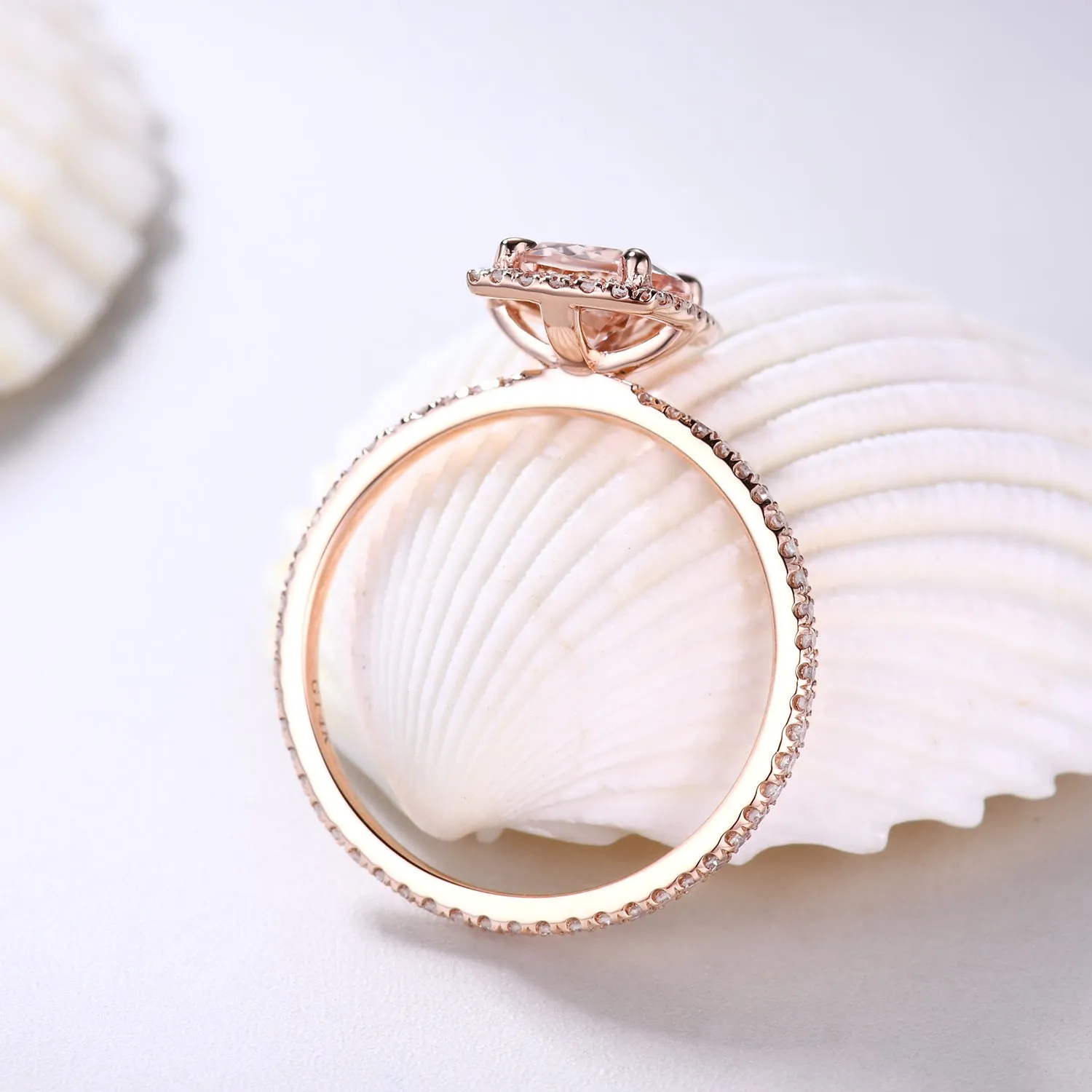Cushion Halo 5x7mm Morganite and Diamond Bridal Ring Petite Thin Design