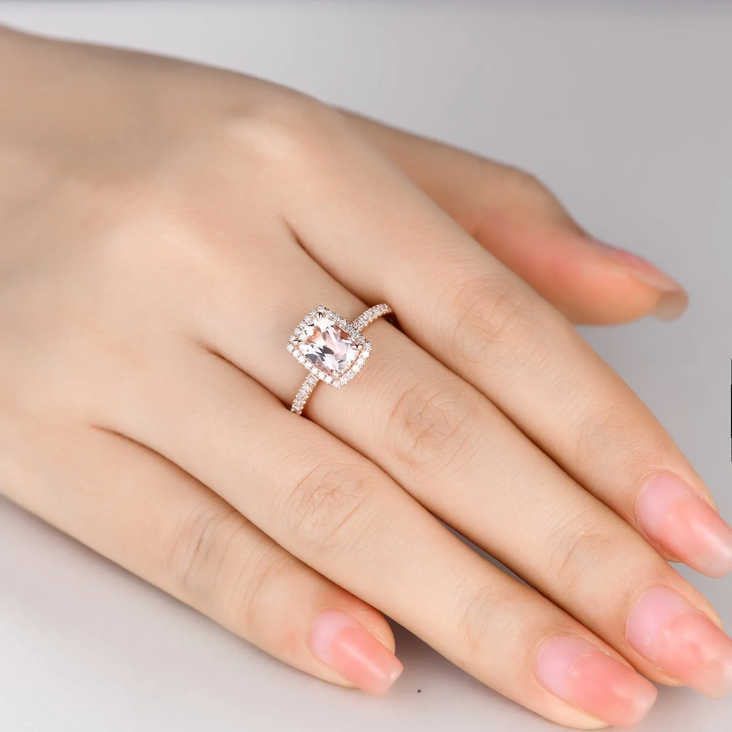 Cushion Halo 5x7mm Morganite and Diamond Bridal Ring Petite Thin Design