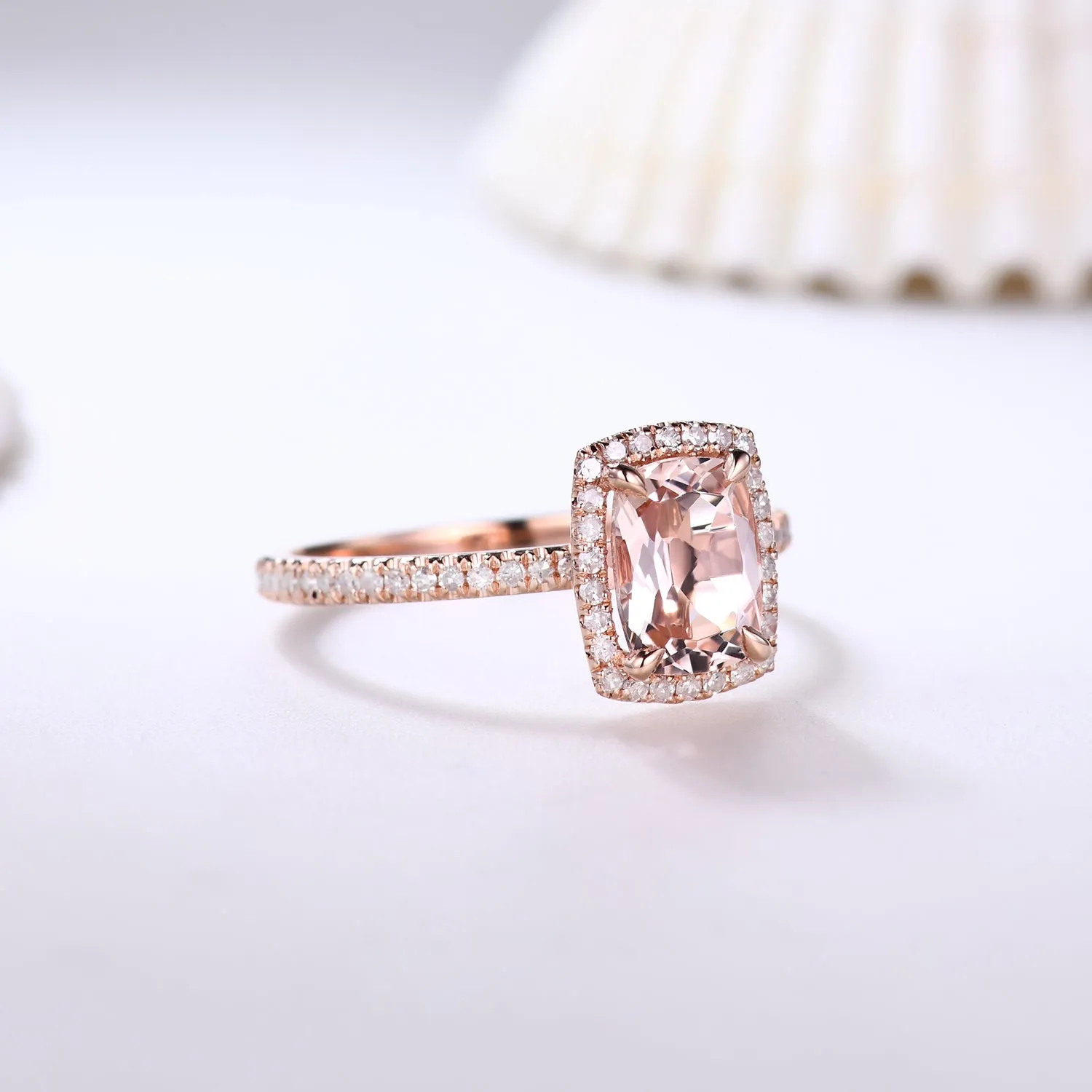 Cushion Halo 5x7mm Morganite and Diamond Bridal Ring Petite Thin Design