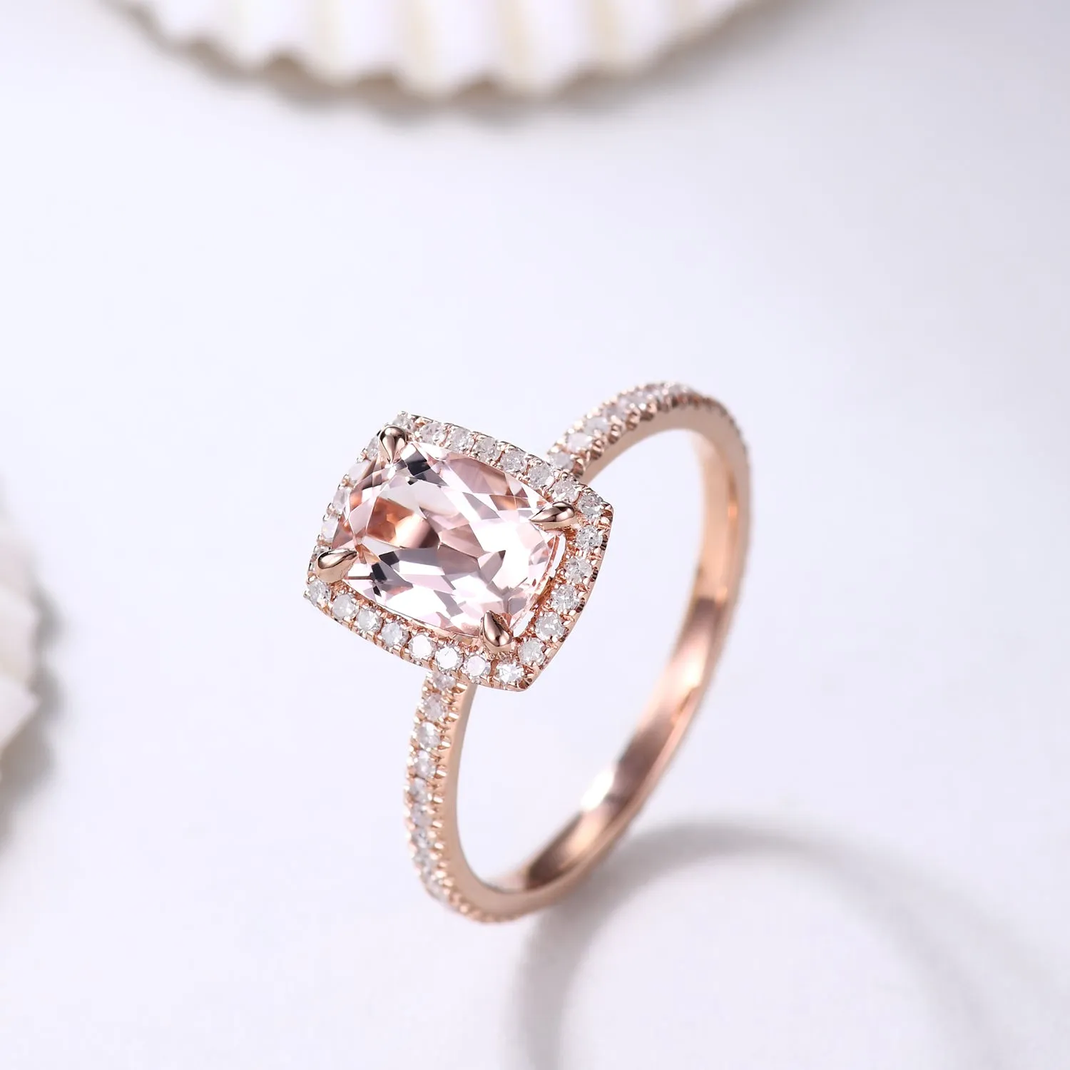Cushion Halo 5x7mm Morganite and Diamond Bridal Ring Petite Thin Design