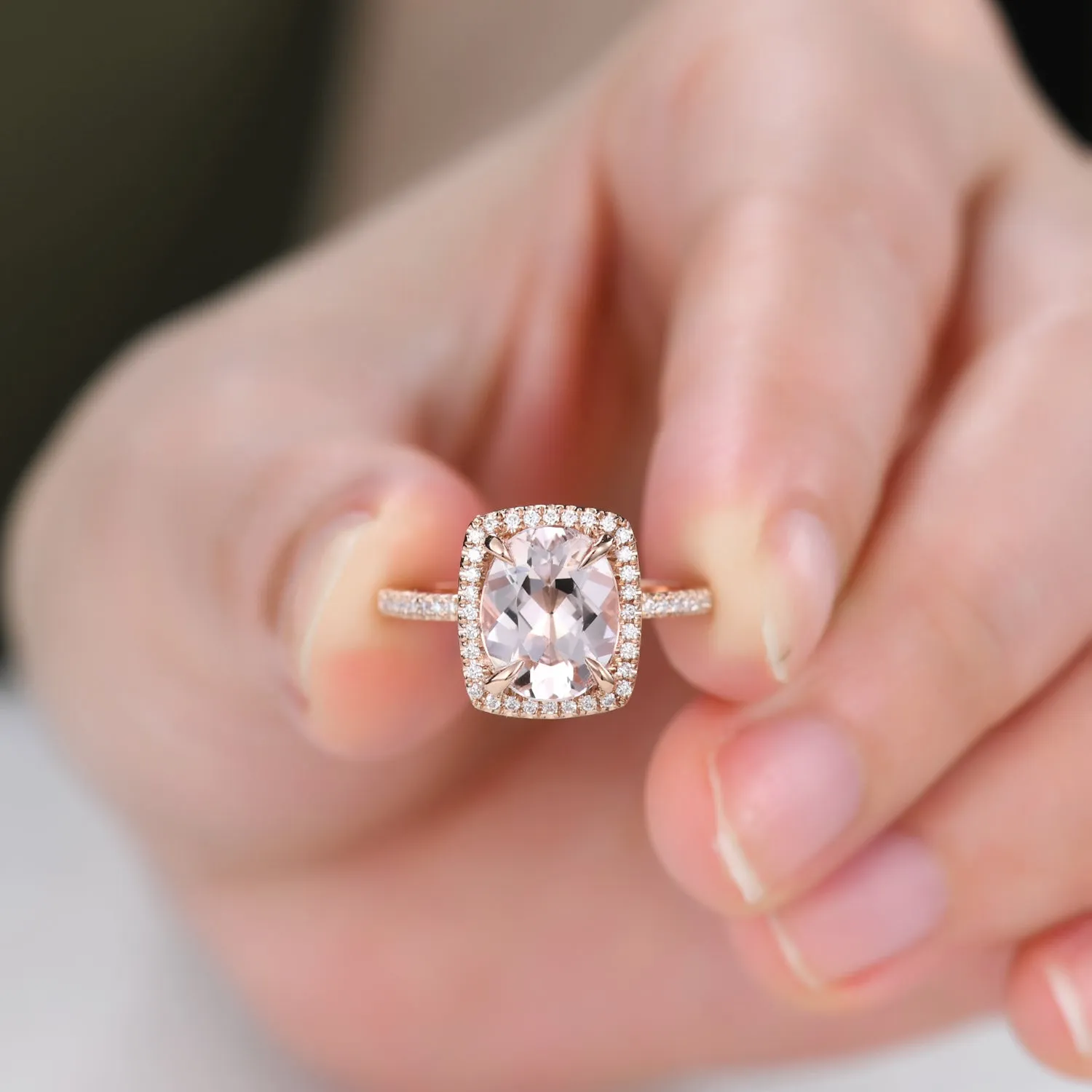 Cushion Halo 6x8mm Oval Cut Morganite and Diamond Bridal Ring Claw Prong Band