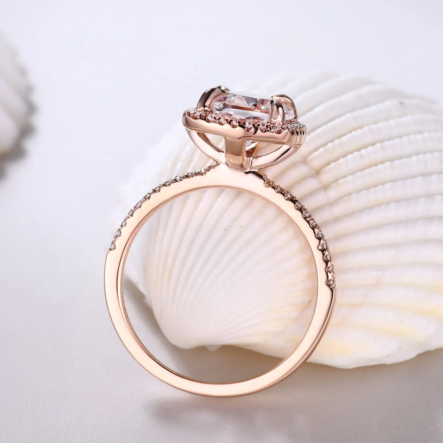 Cushion Halo 6x8mm Oval Cut Morganite and Diamond Bridal Ring Claw Prong Band