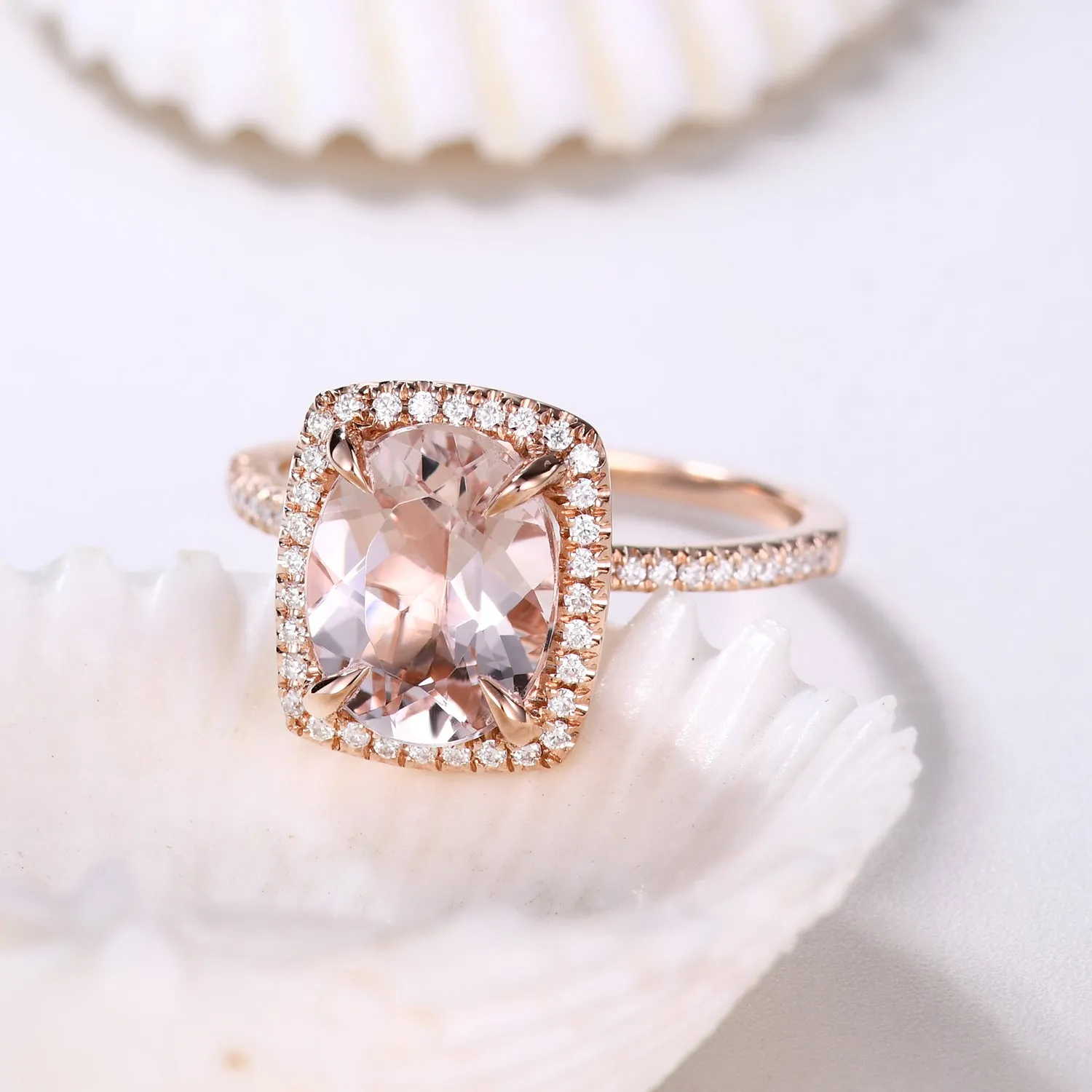 Cushion Halo 6x8mm Oval Cut Morganite and Diamond Bridal Ring Claw Prong Band