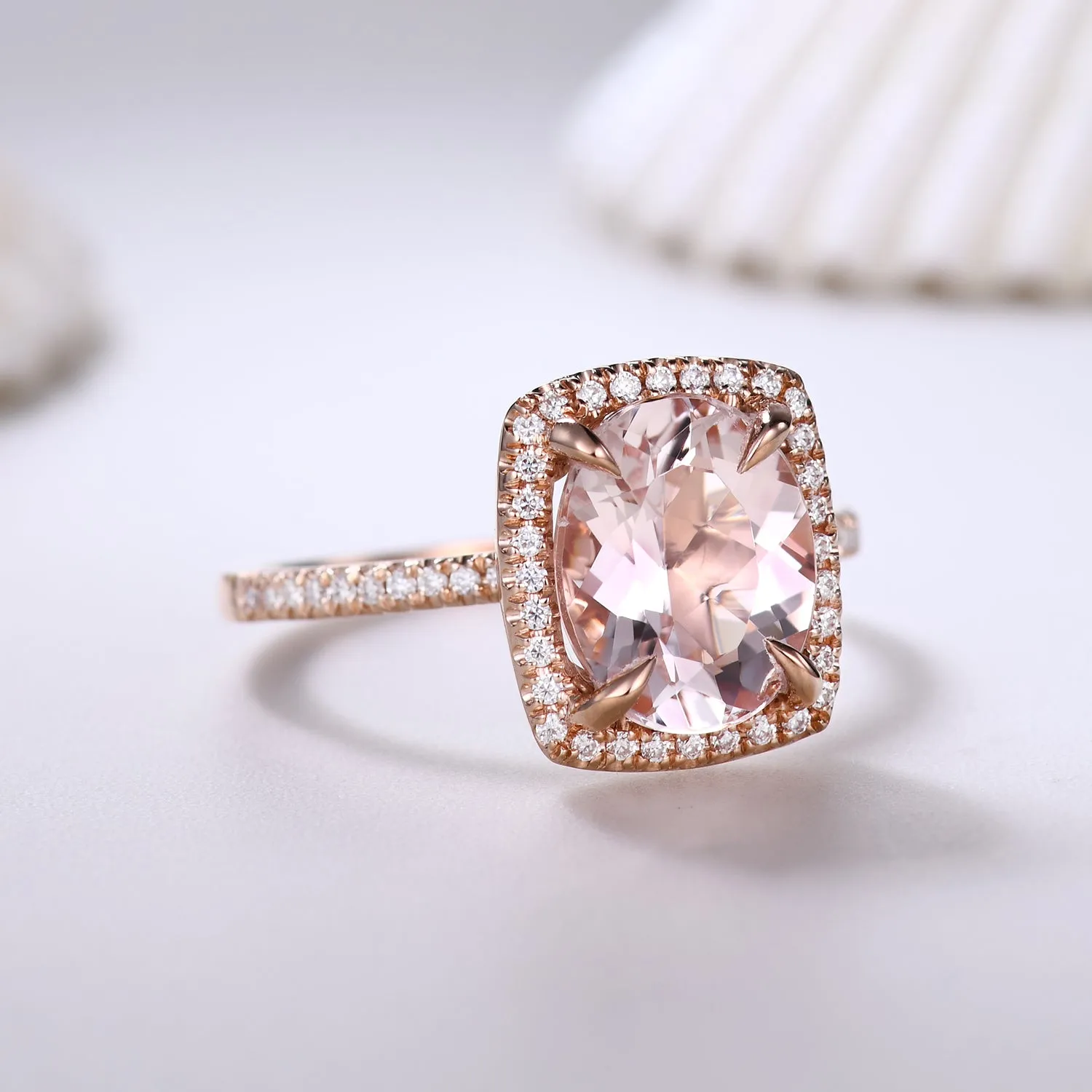 Cushion Halo 6x8mm Oval Cut Morganite and Diamond Bridal Ring Claw Prong Band