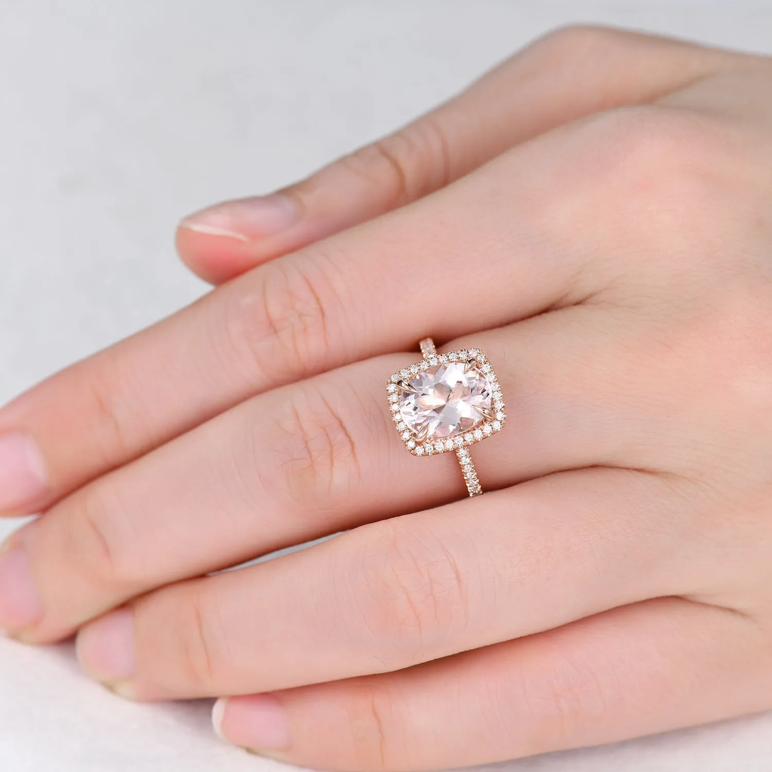 Cushion Halo 6x8mm Oval Cut Morganite and Diamond Bridal Ring Claw Prong Band
