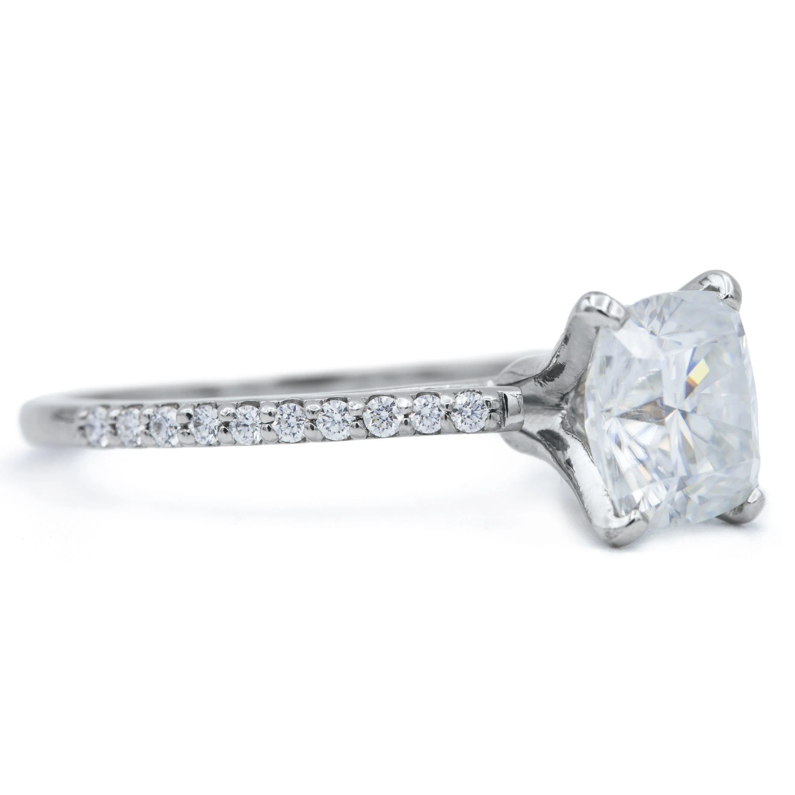 Cushion Moissanite 4 Prongs Diamond Accent Ice Cathedral Solitaire Ring