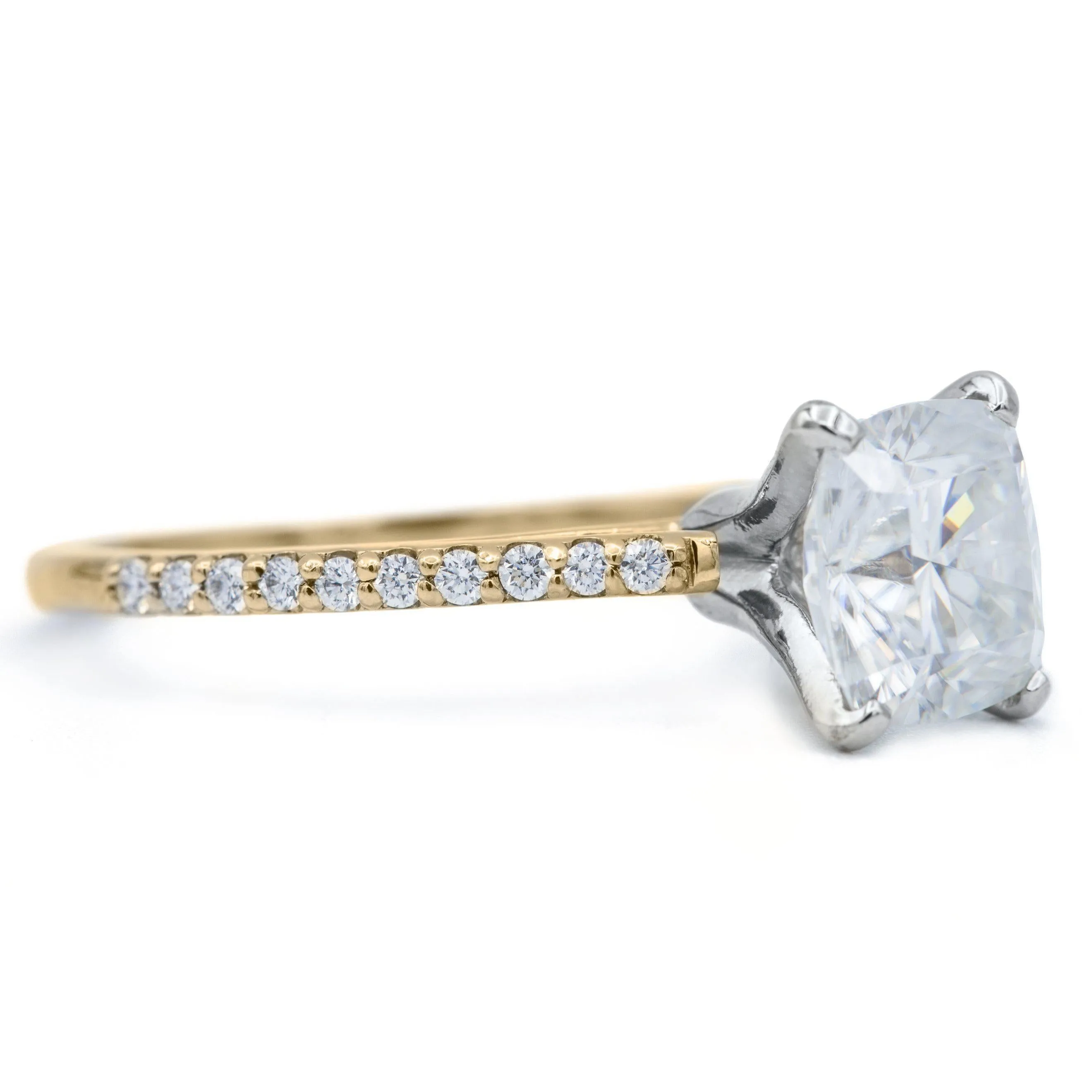 Cushion Moissanite 4 Prongs Diamond Accent Ice Cathedral Solitaire Ring