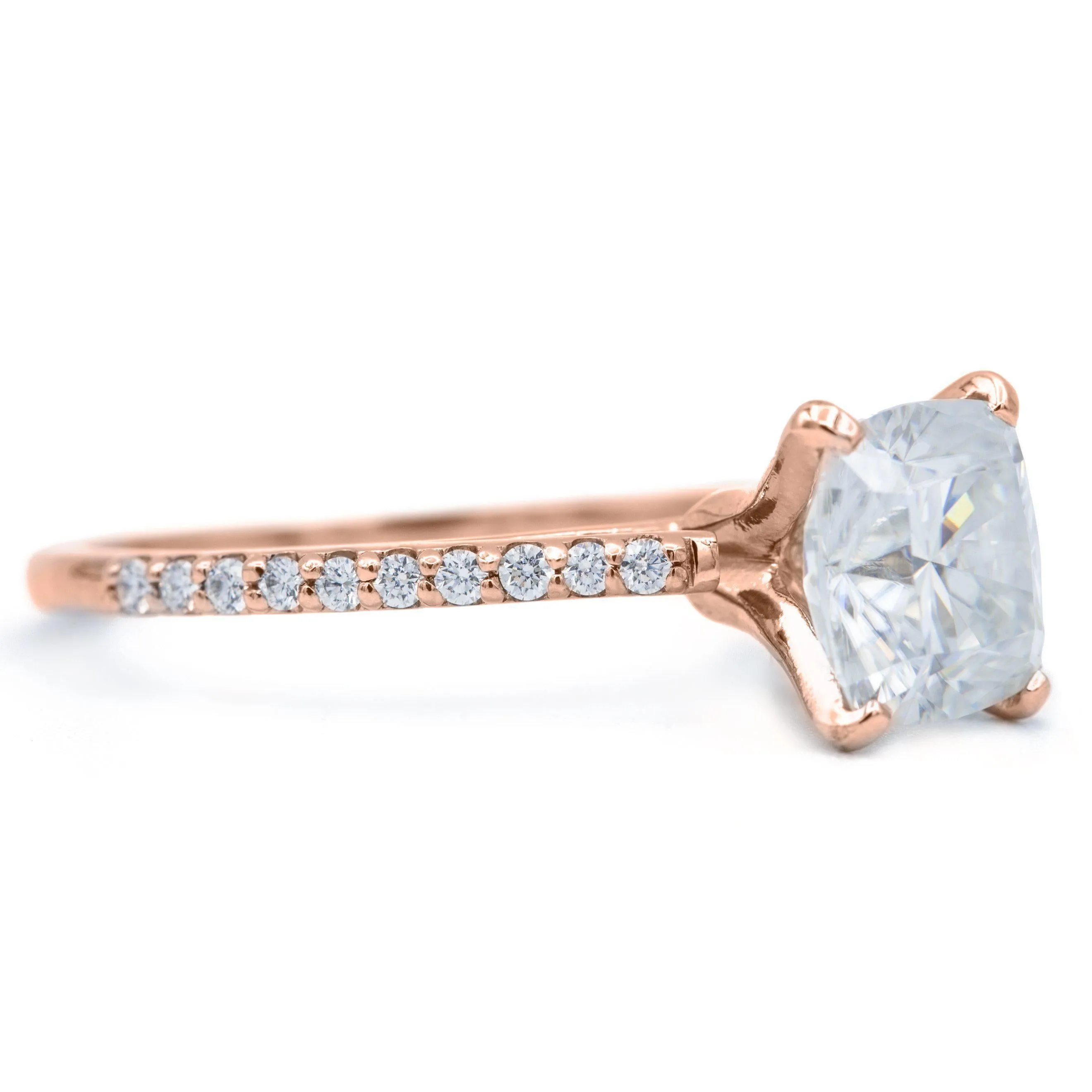 Cushion Moissanite 4 Prongs Diamond Accent Ice Cathedral Solitaire Ring