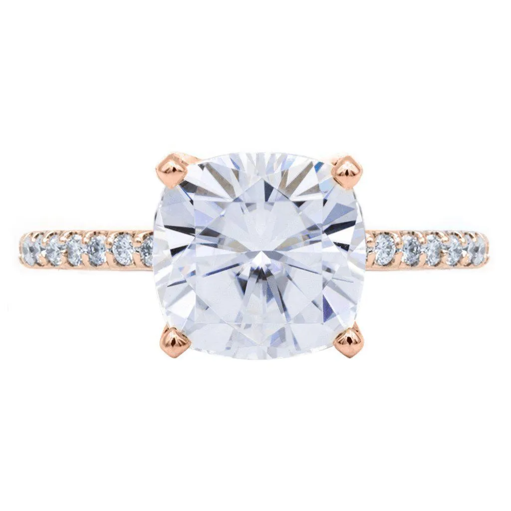 Cushion Moissanite 4 Prongs Diamond Accent Ice Cathedral Solitaire Ring