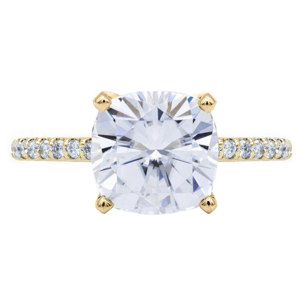 Cushion Moissanite 4 Prongs Diamond Accent Ice Cathedral Solitaire Ring