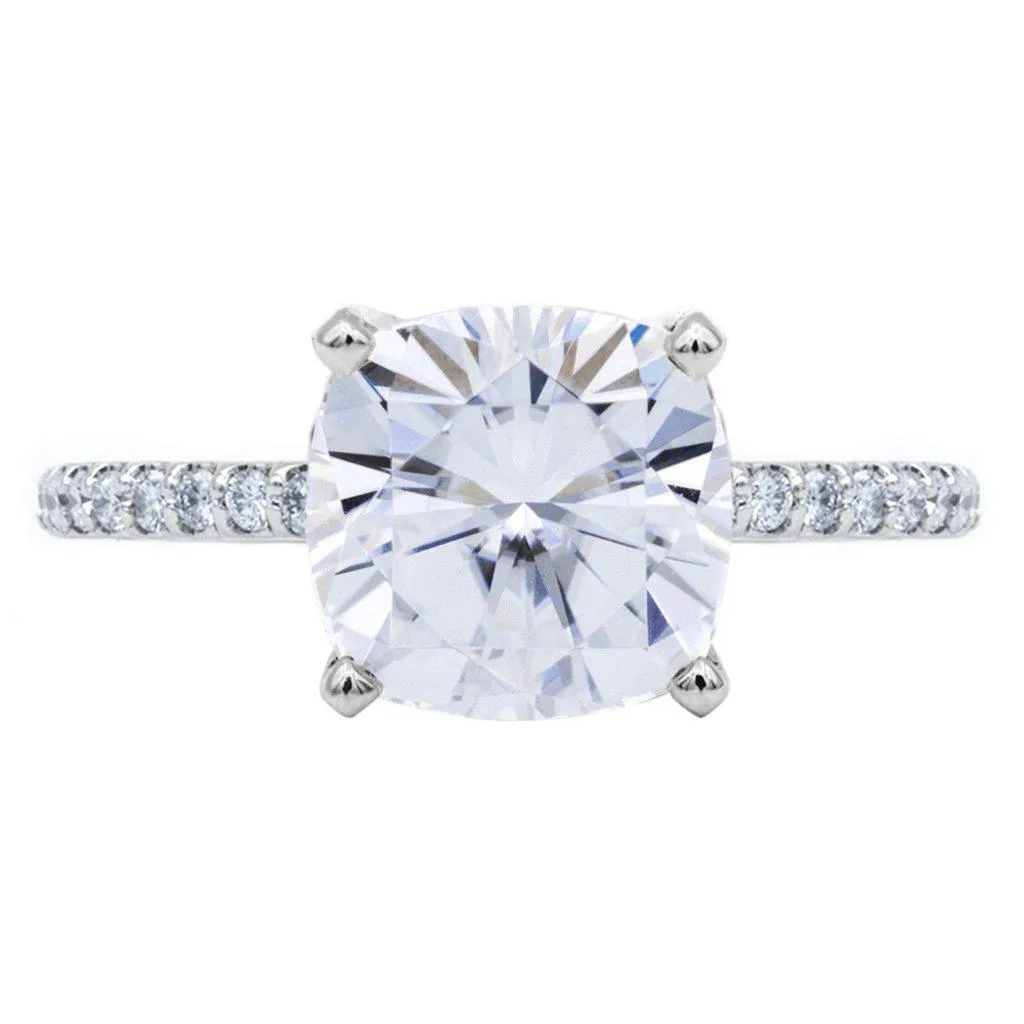 Cushion Moissanite 4 Prongs Diamond Accent Ice Cathedral Solitaire Ring