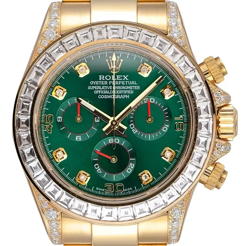 Custom Diamond Set Rolex Daytona 116508 Yellow Gold Custom Green Dial