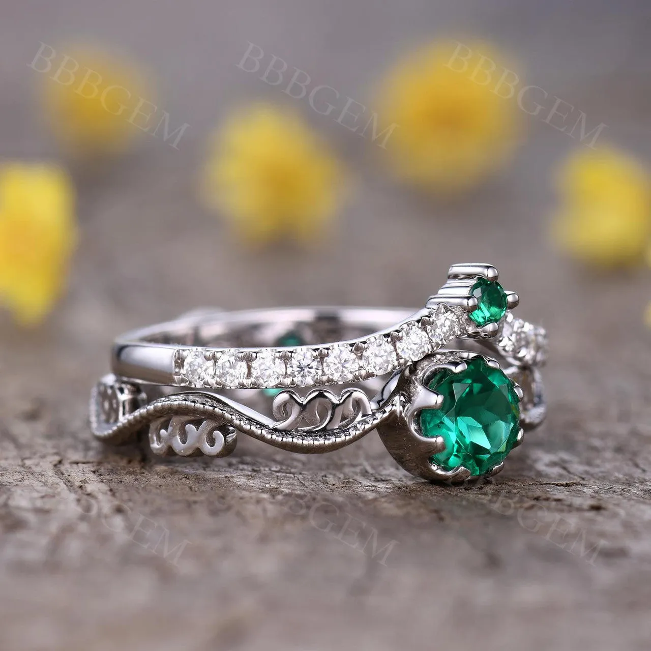 Dainty 5mm Round Cut Emerald Engagement Ring Curved Moissanite/CZ Emerald Matching Band In White Gold