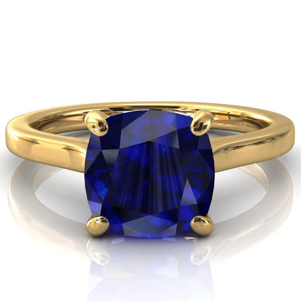 Darci Cushion Blue Sapphire 4 Prong Cathedral Solitaire Engagement Ring