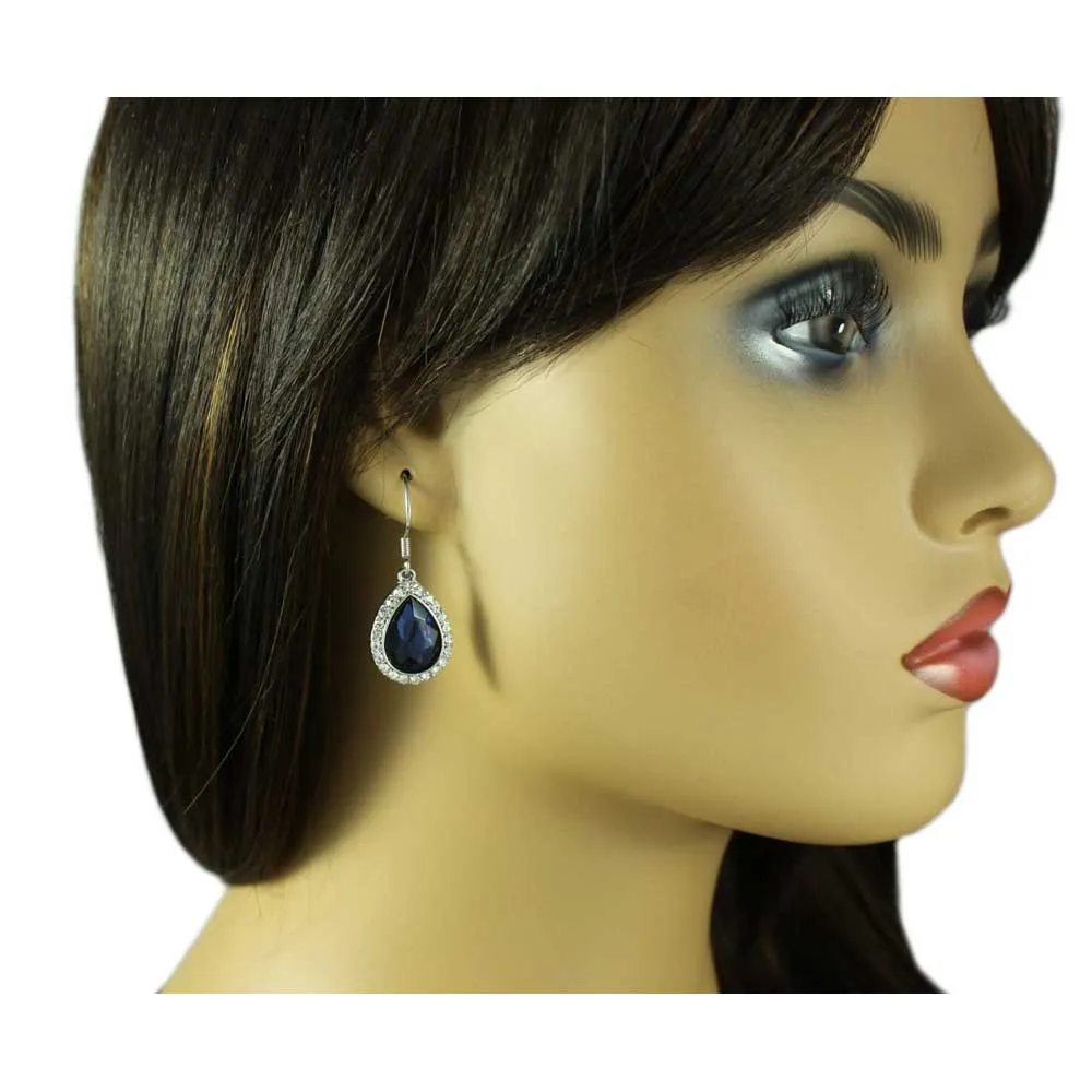 Dark Blue Crystal Teardrop Dangling Pierced Earring - PT410ME