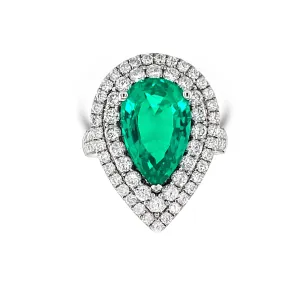 Double Halo Pear shape Emerald  & Diamonds "Genevieve" Ring