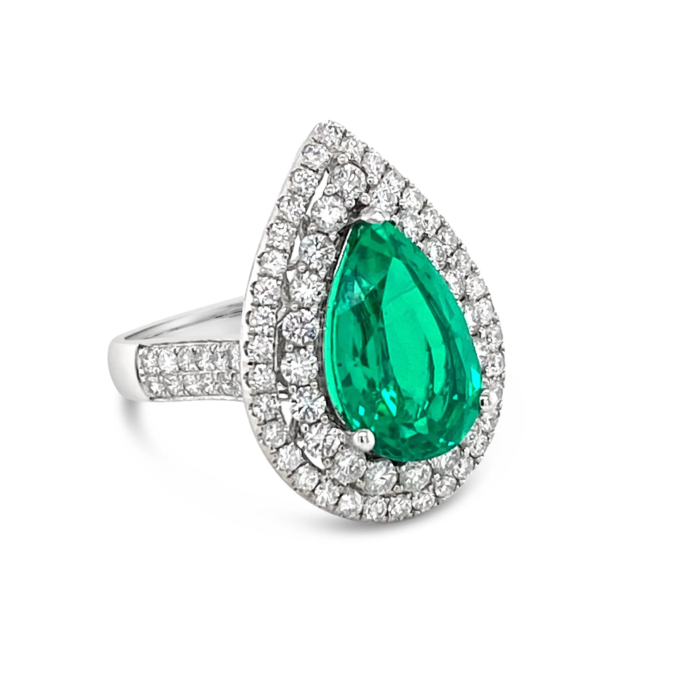 Double Halo Pear shape Emerald  & Diamonds "Genevieve" Ring