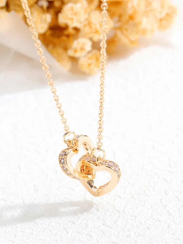 Double Heart Necklace Female Elegant Fashion Rose Gold Heart Pendant Copper Gold Plated Clavicle Chain