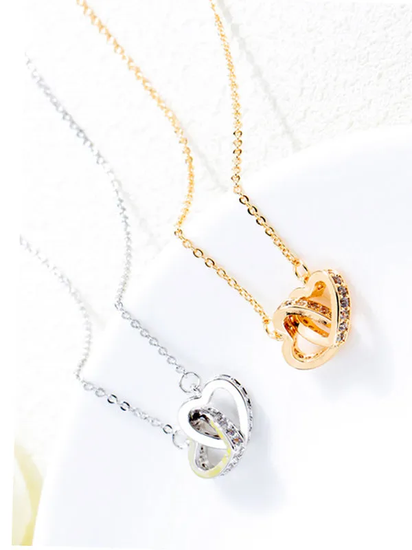 Double Heart Necklace Female Elegant Fashion Rose Gold Heart Pendant Copper Gold Plated Clavicle Chain