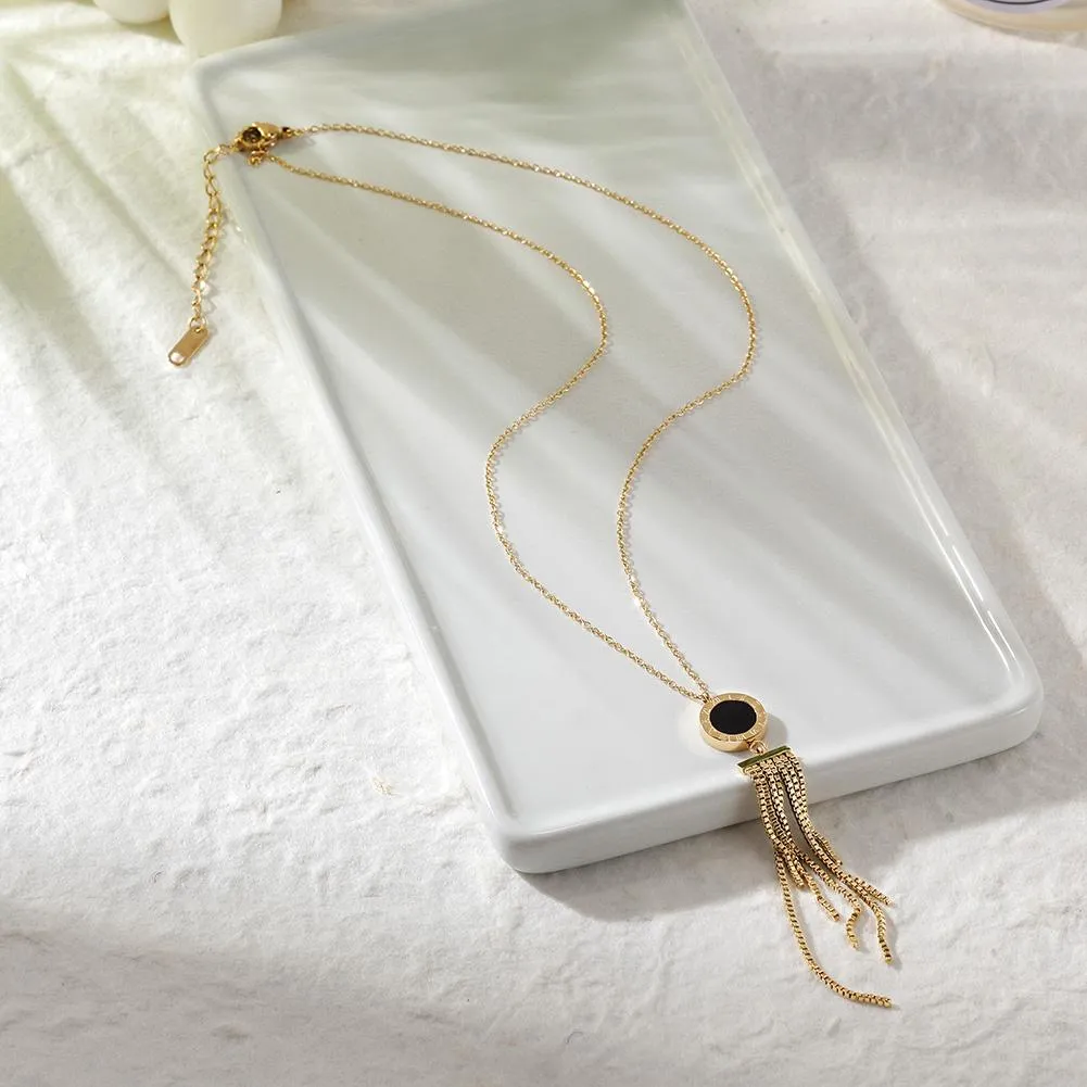 Double-Sided Shell and Acrylic Tassel Pendant Necklace - Hypoallergenic Metal - 15.16"   2.36" Extension - Gift Box Included