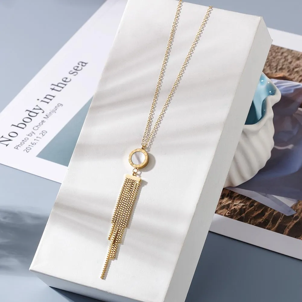 Double-Sided Shell and Acrylic Tassel Pendant Necklace - Hypoallergenic Metal - 15.16"   2.36" Extension - Gift Box Included