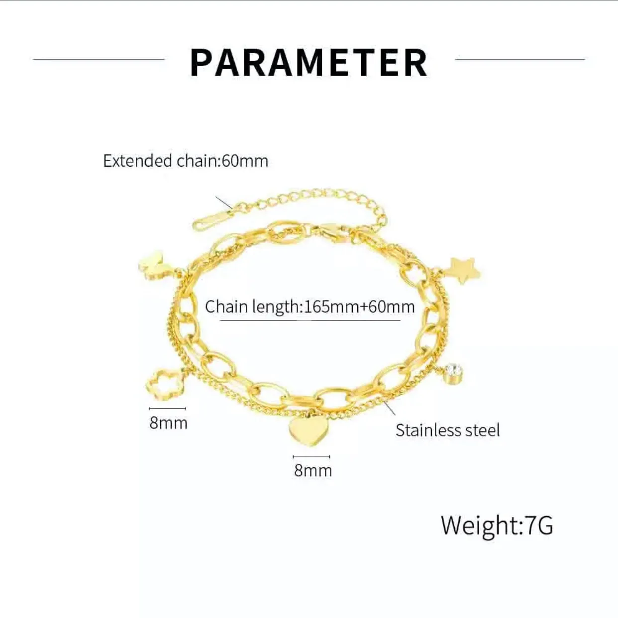 Double Stainless Steel Layered Charm Bracelet - Gold or Silver