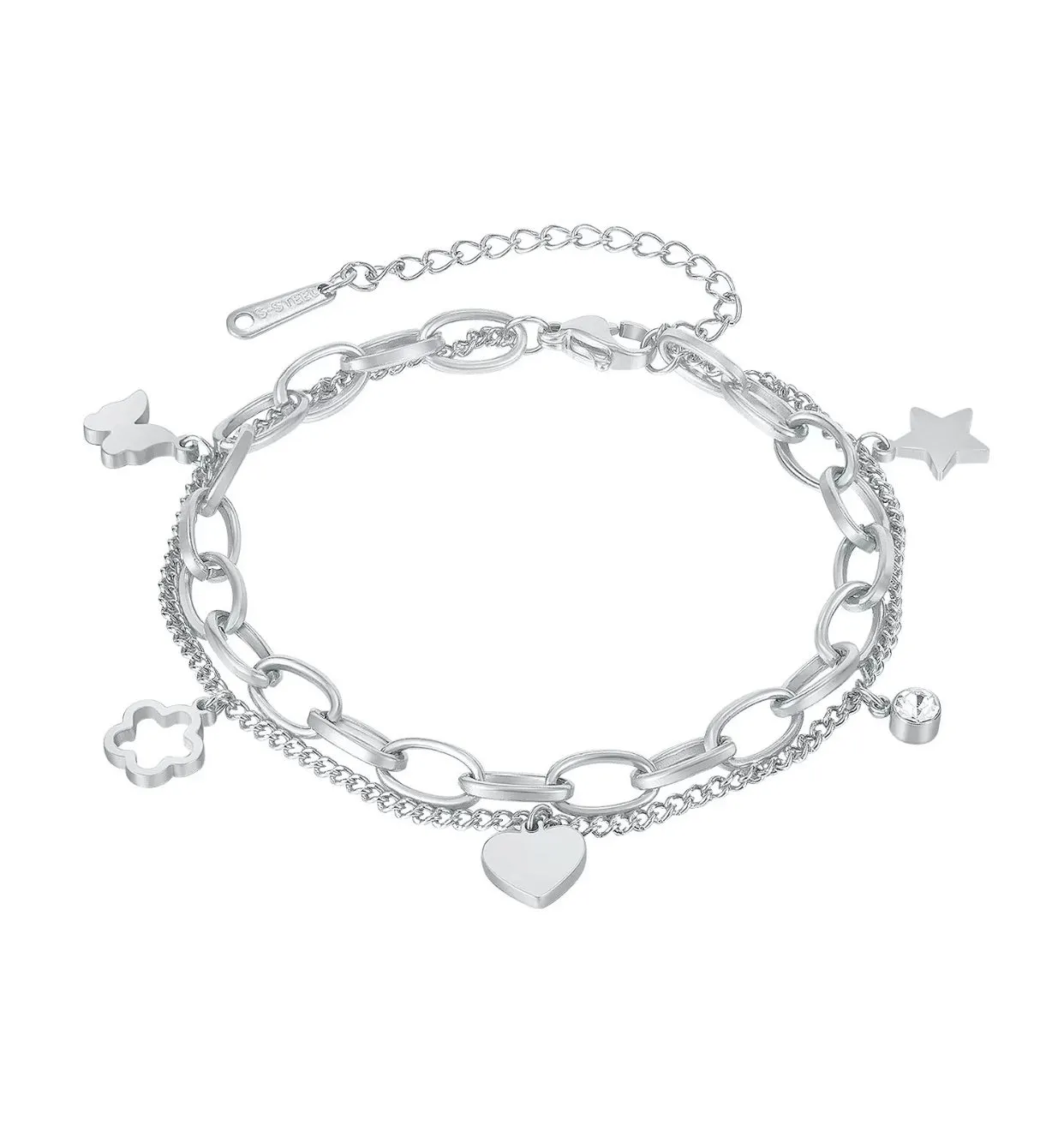 Double Stainless Steel Layered Charm Bracelet - Gold or Silver