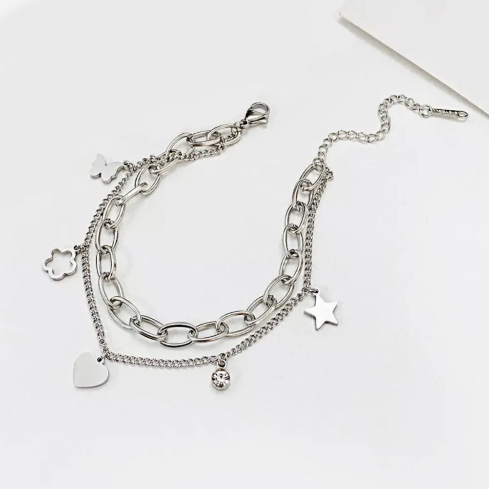 Double Stainless Steel Layered Charm Bracelet - Gold or Silver