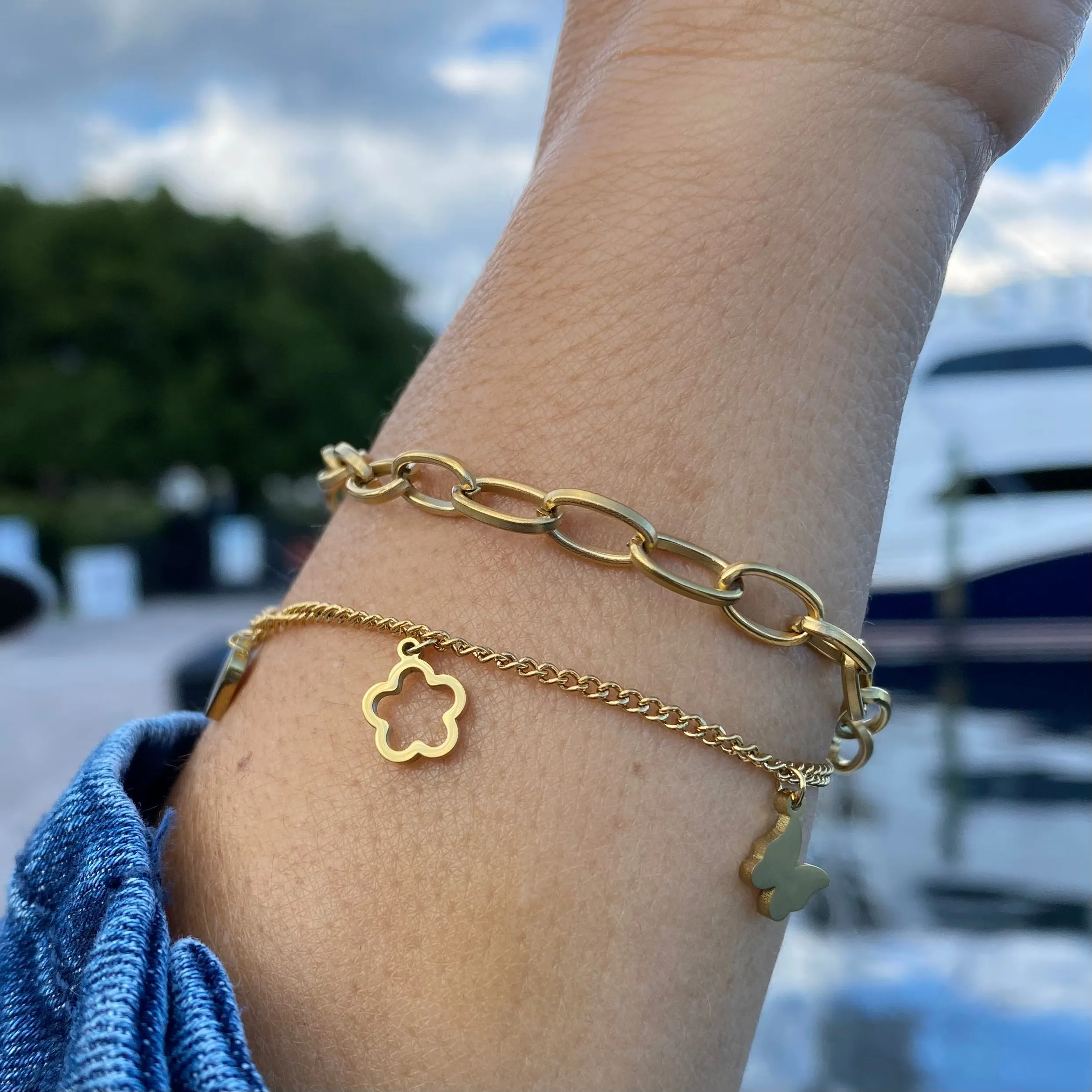 Double Stainless Steel Layered Charm Bracelet - Gold or Silver