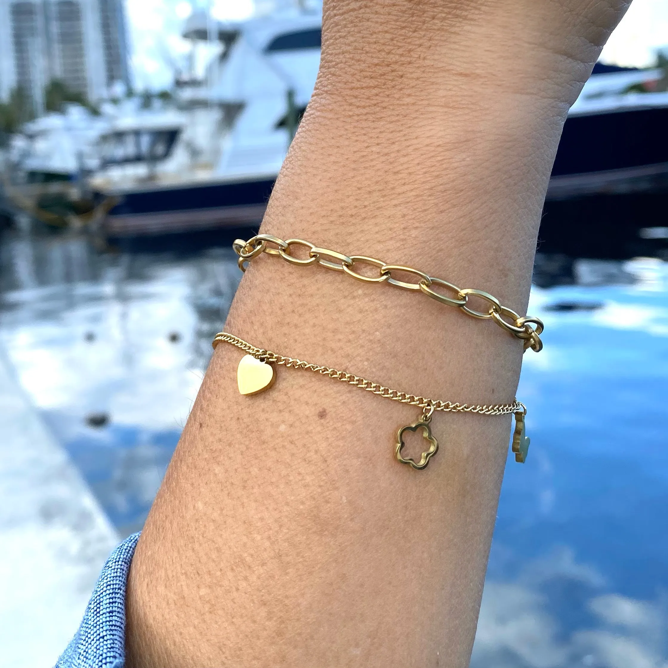Double Stainless Steel Layered Charm Bracelet - Gold or Silver