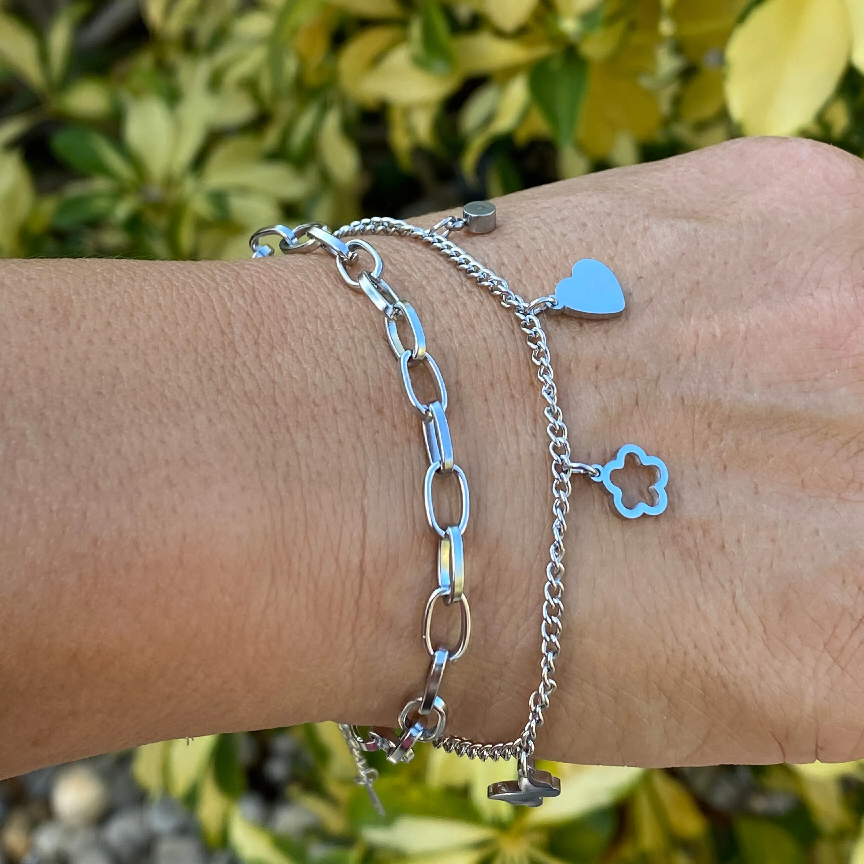 Double Stainless Steel Layered Charm Bracelet - Gold or Silver