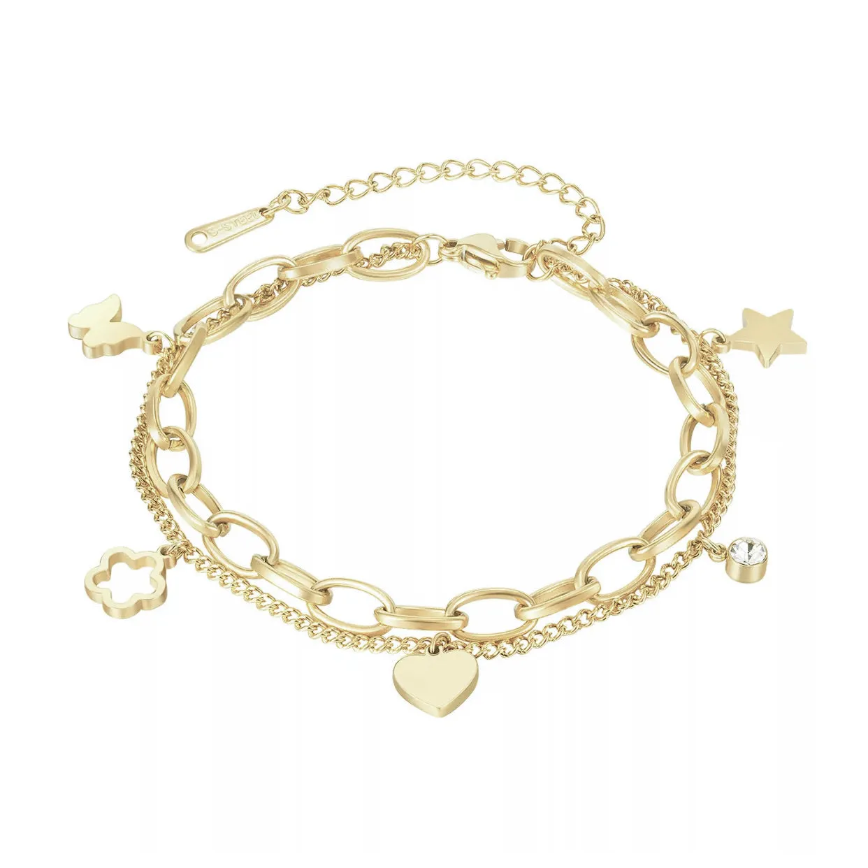 Double Stainless Steel Layered Charm Bracelet - Gold or Silver