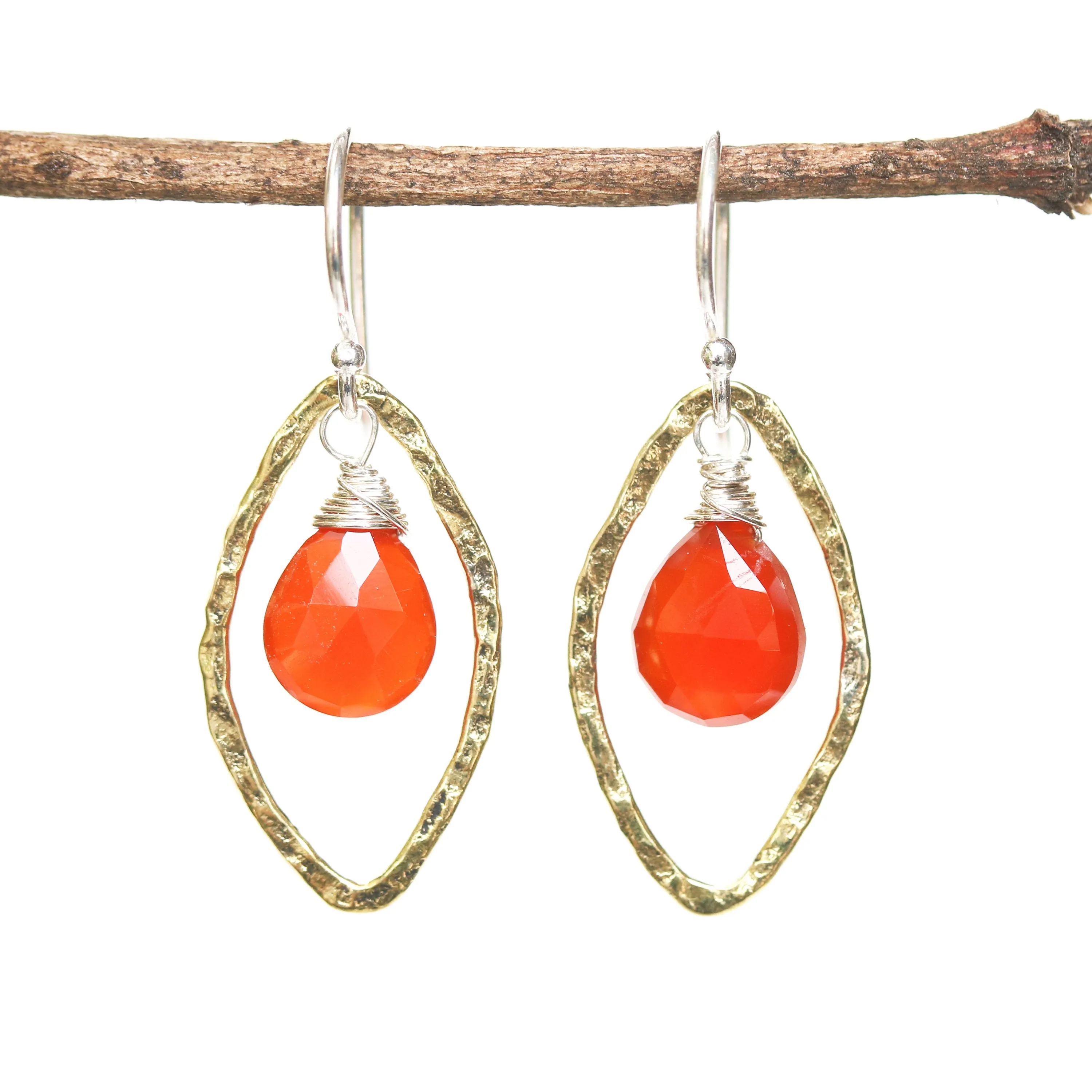 drop earrings, red earrings, carnelian earrings, gemstone earrings, dangle earrings, brass earrings, hoop earrings, gift for women