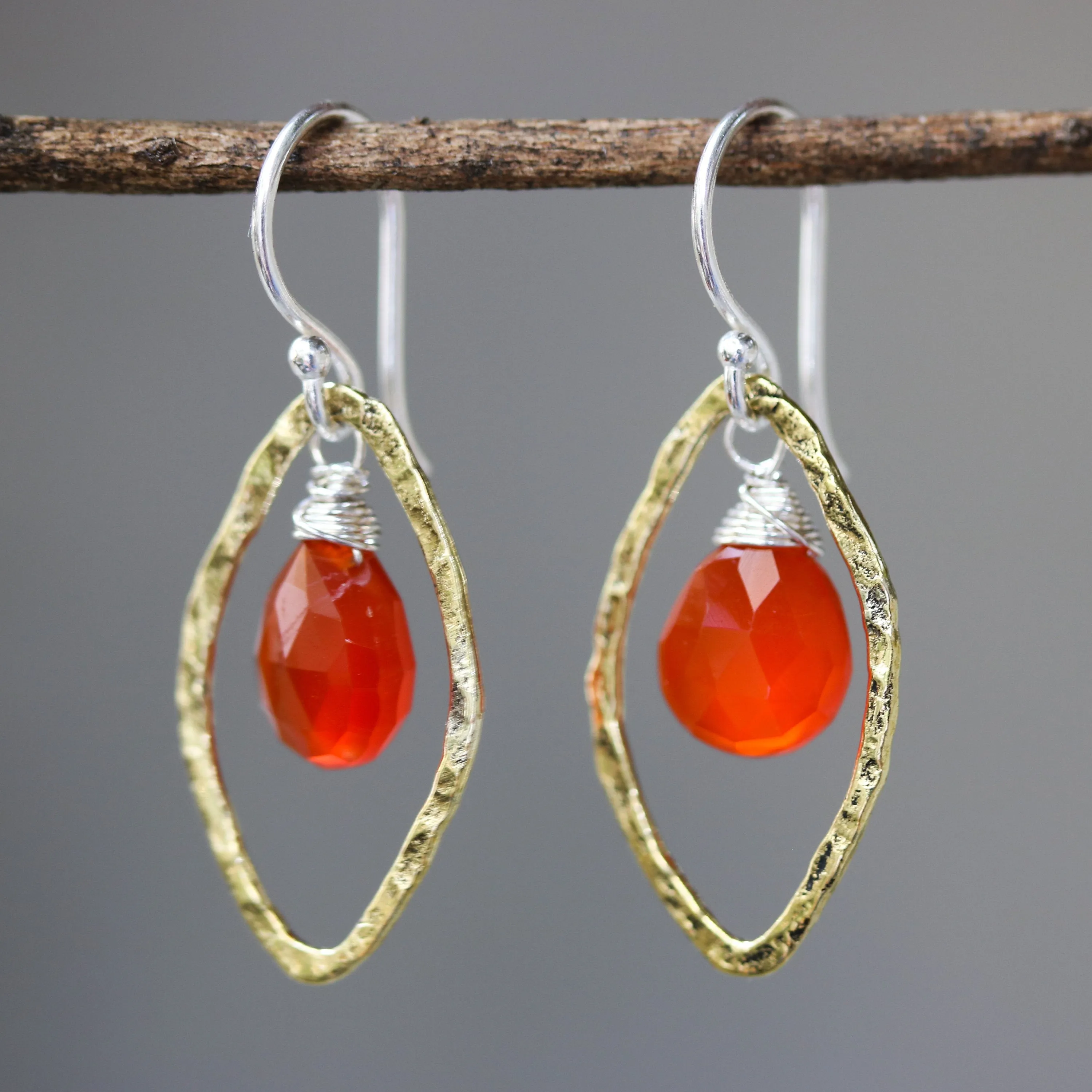 drop earrings, red earrings, carnelian earrings, gemstone earrings, dangle earrings, brass earrings, hoop earrings, gift for women