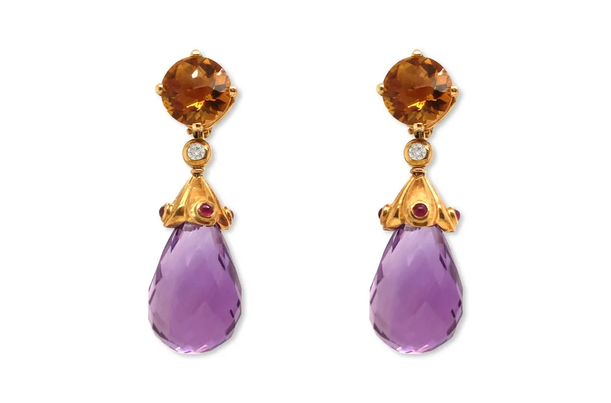 Earrings Citrine Faceted, Ruby Cabouchons & Faceted Amethyst Teardrop