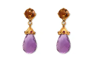 Earrings Citrine Faceted, Ruby Cabouchons & Faceted Amethyst Teardrop