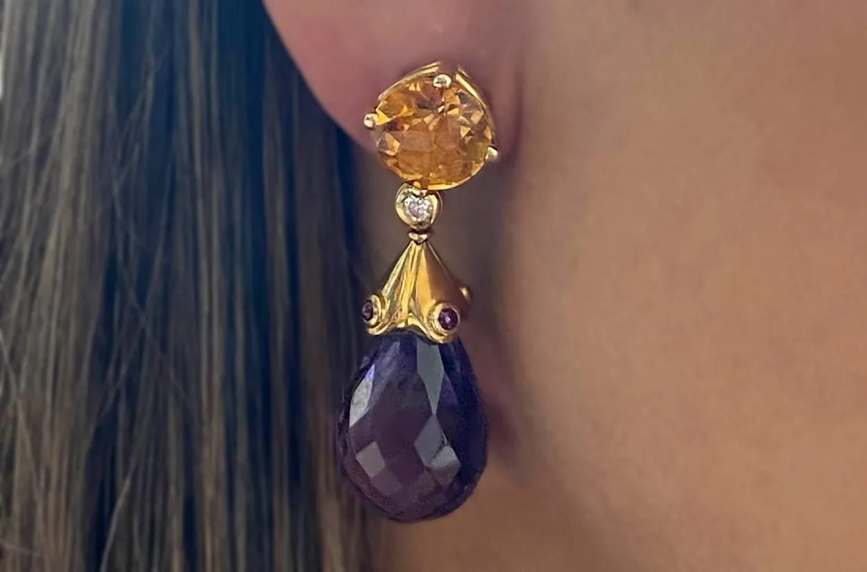Earrings Citrine Faceted, Ruby Cabouchons & Faceted Amethyst Teardrop