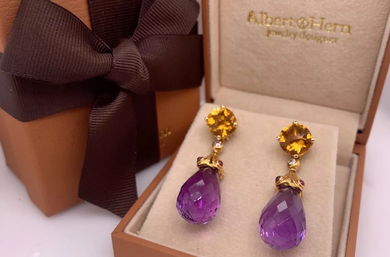 Earrings Citrine Faceted, Ruby Cabouchons & Faceted Amethyst Teardrop