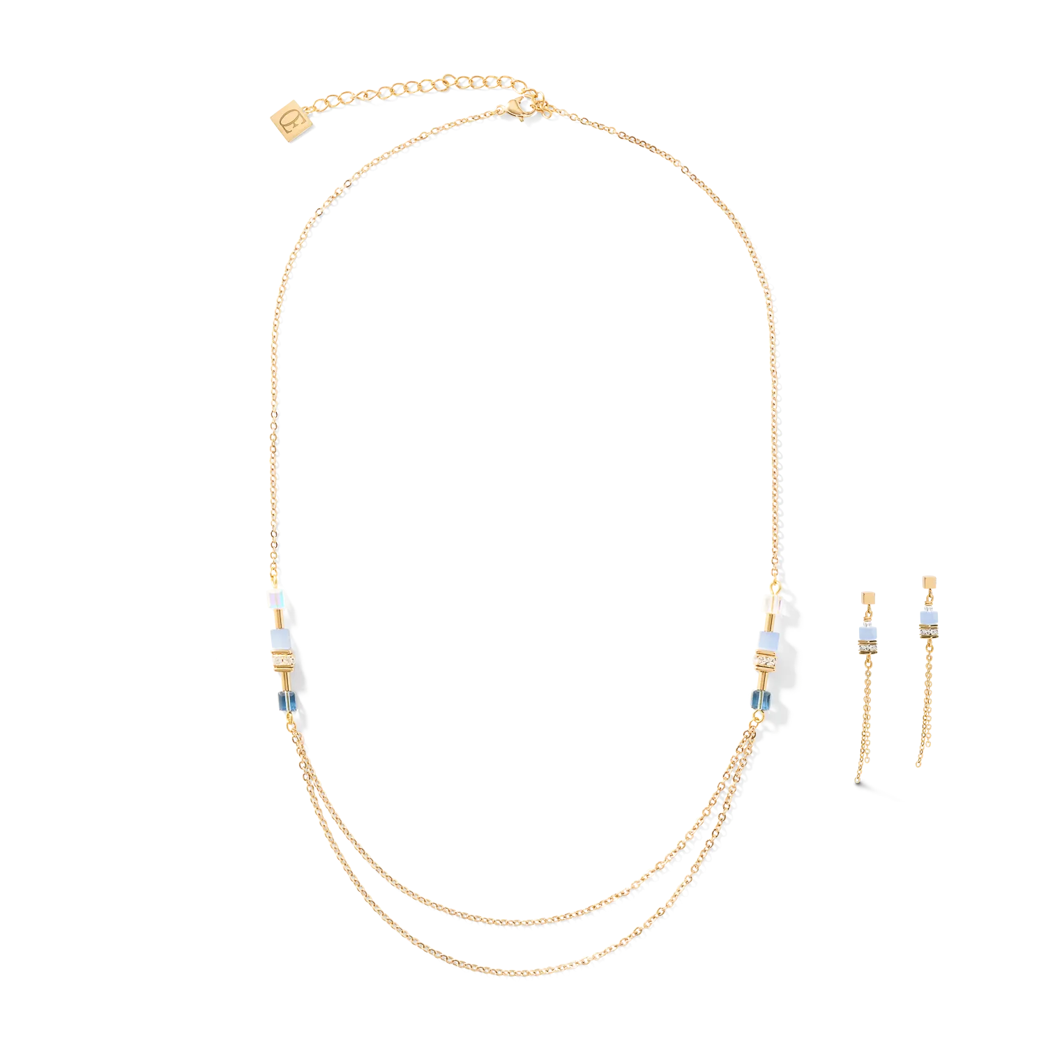 Earrings GeoCUBE® double chain long stainless steel gold-blue