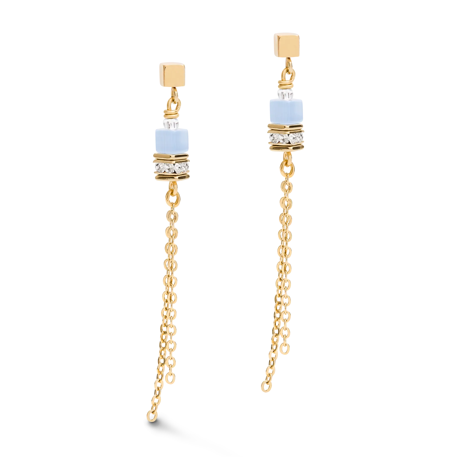 Earrings GeoCUBE® double chain long stainless steel gold-blue