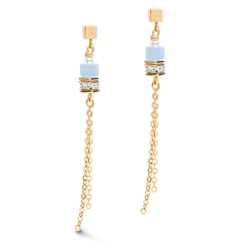 Earrings GeoCUBE® double chain long stainless steel gold-blue