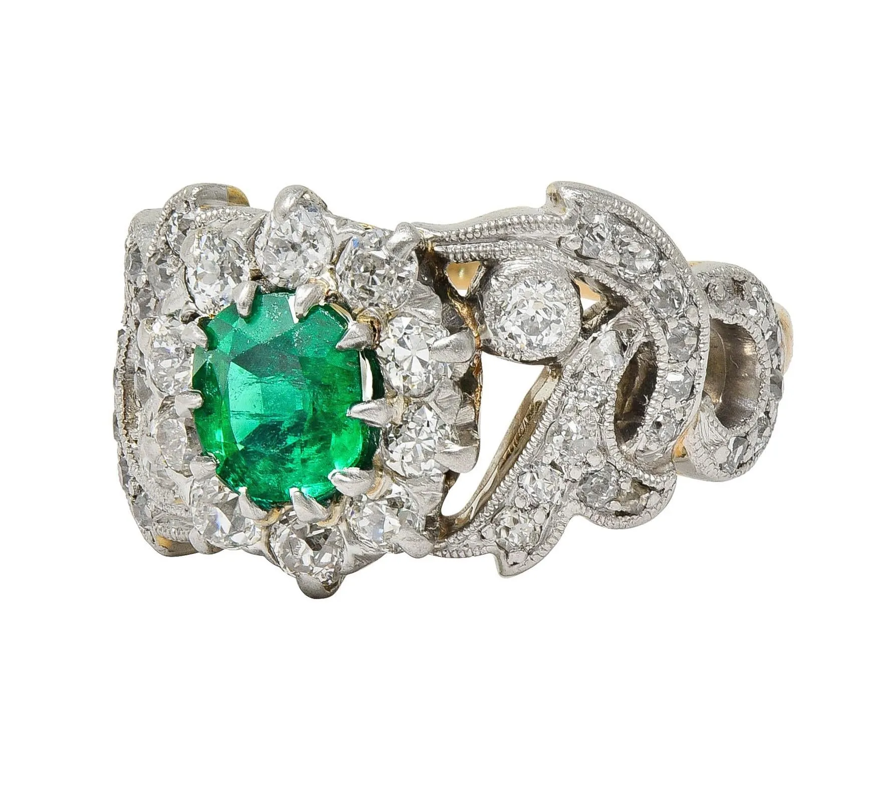Edwardian 1.85 CTW Emerald Diamond Platinum 14 Karat Yellow Gold Scrolling Antique Halo Ring
