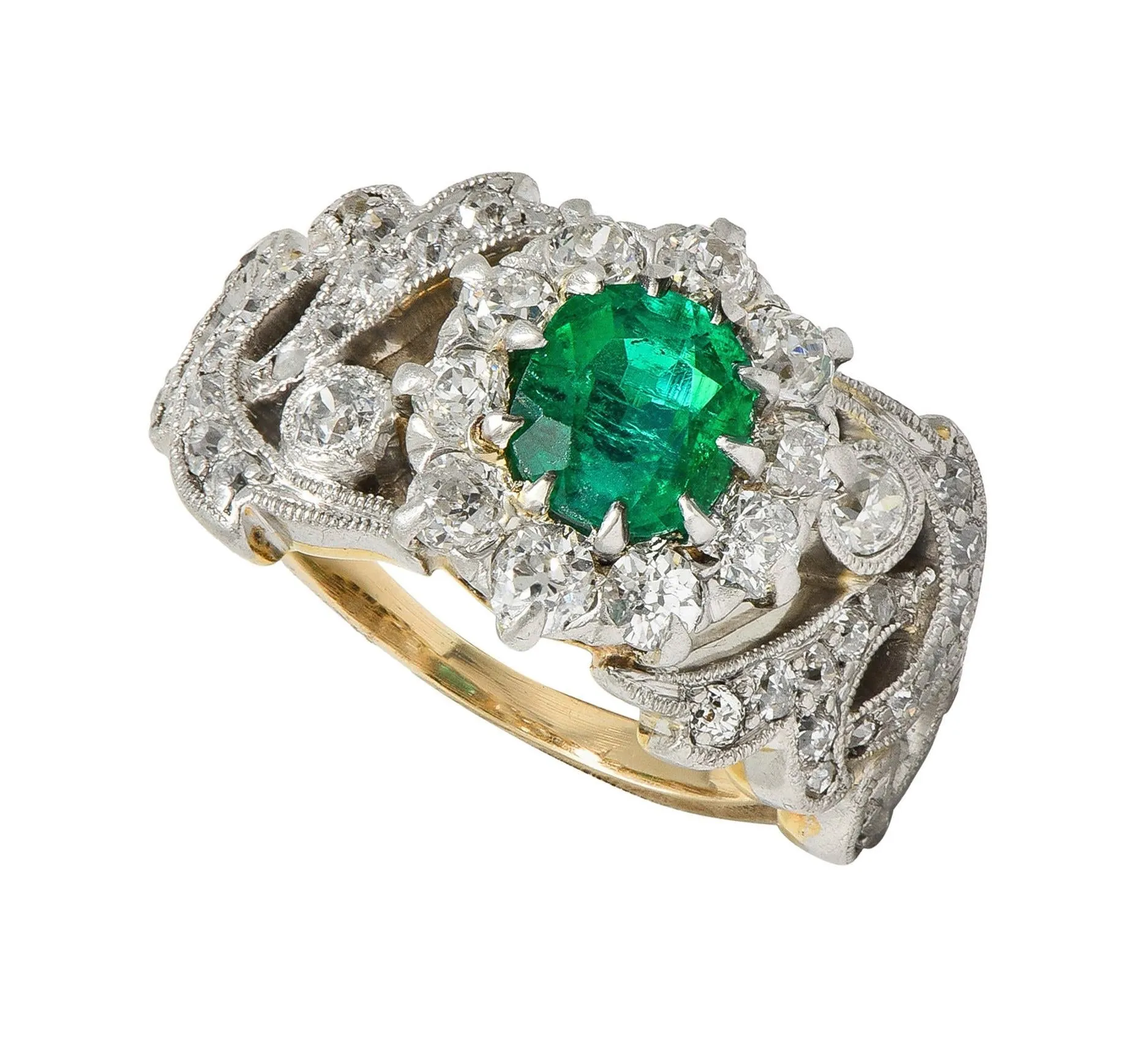 Edwardian 1.85 CTW Emerald Diamond Platinum 14 Karat Yellow Gold Scrolling Antique Halo Ring