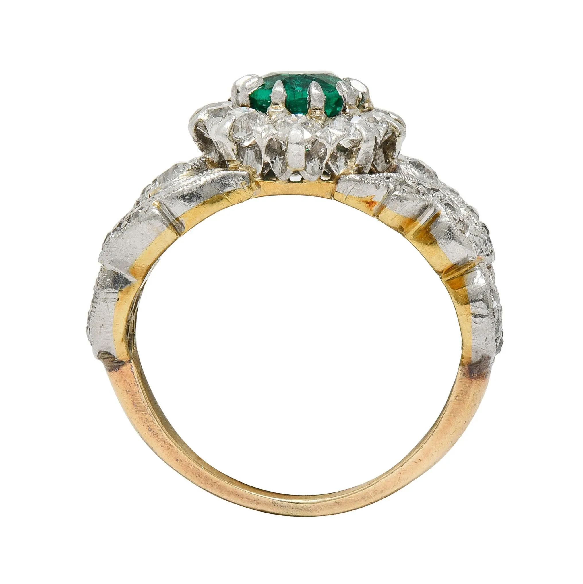 Edwardian 1.85 CTW Emerald Diamond Platinum 14 Karat Yellow Gold Scrolling Antique Halo Ring