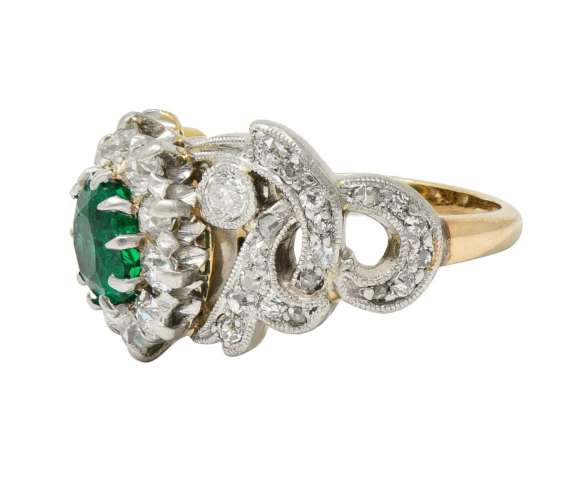 Edwardian 1.85 CTW Emerald Diamond Platinum 14 Karat Yellow Gold Scrolling Antique Halo Ring