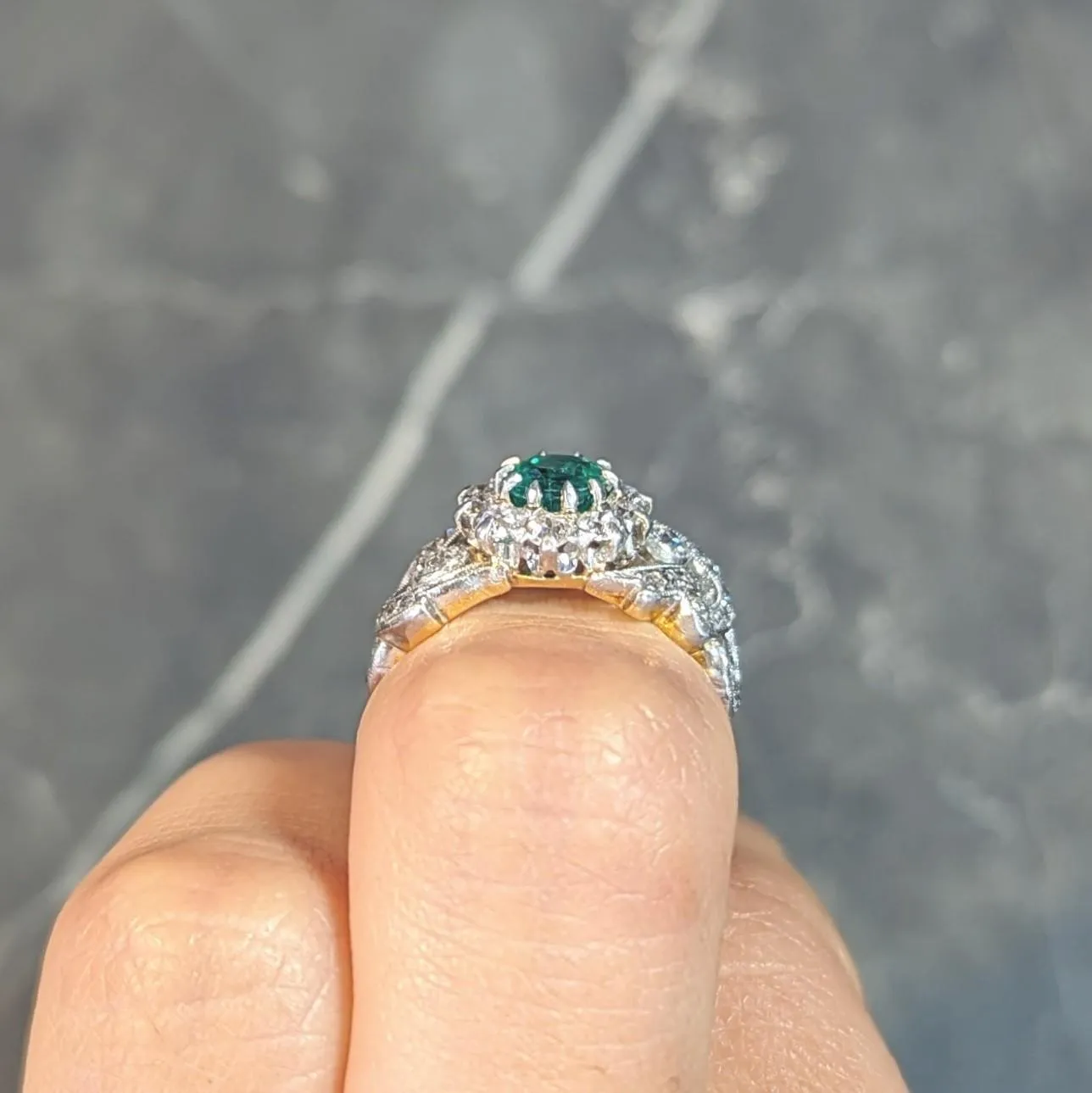Edwardian 1.85 CTW Emerald Diamond Platinum 14 Karat Yellow Gold Scrolling Antique Halo Ring