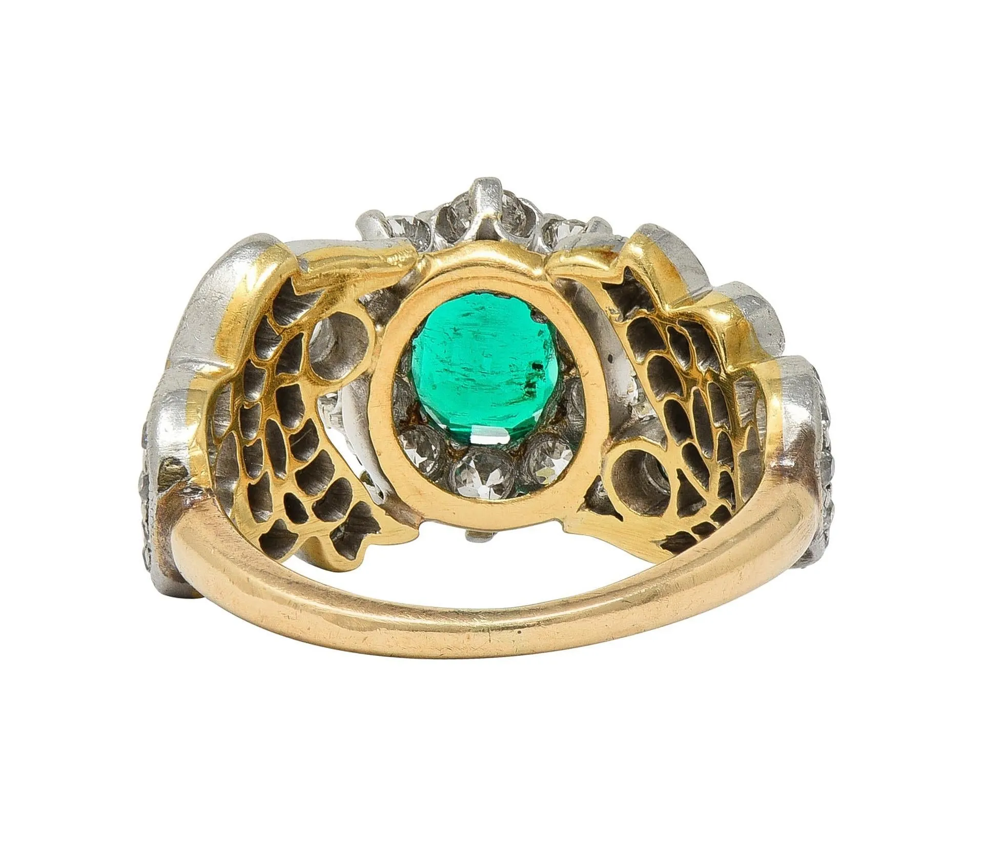 Edwardian 1.85 CTW Emerald Diamond Platinum 14 Karat Yellow Gold Scrolling Antique Halo Ring