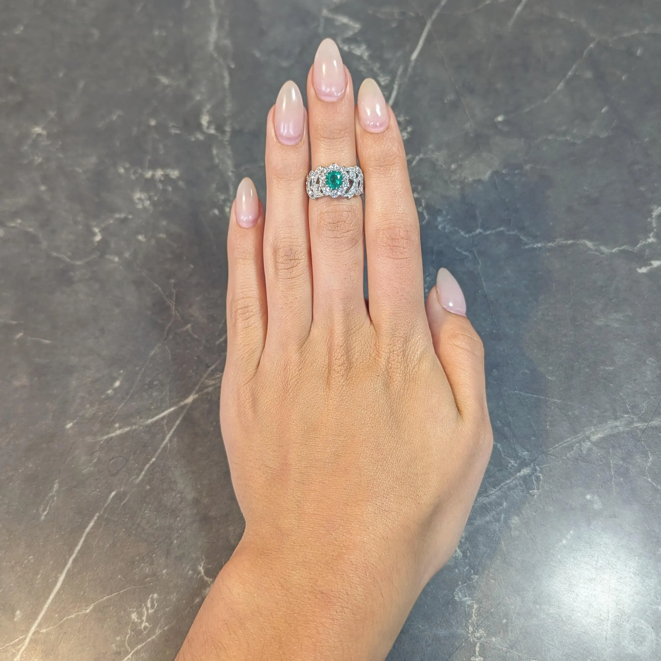 Edwardian 1.85 CTW Emerald Diamond Platinum 14 Karat Yellow Gold Scrolling Antique Halo Ring