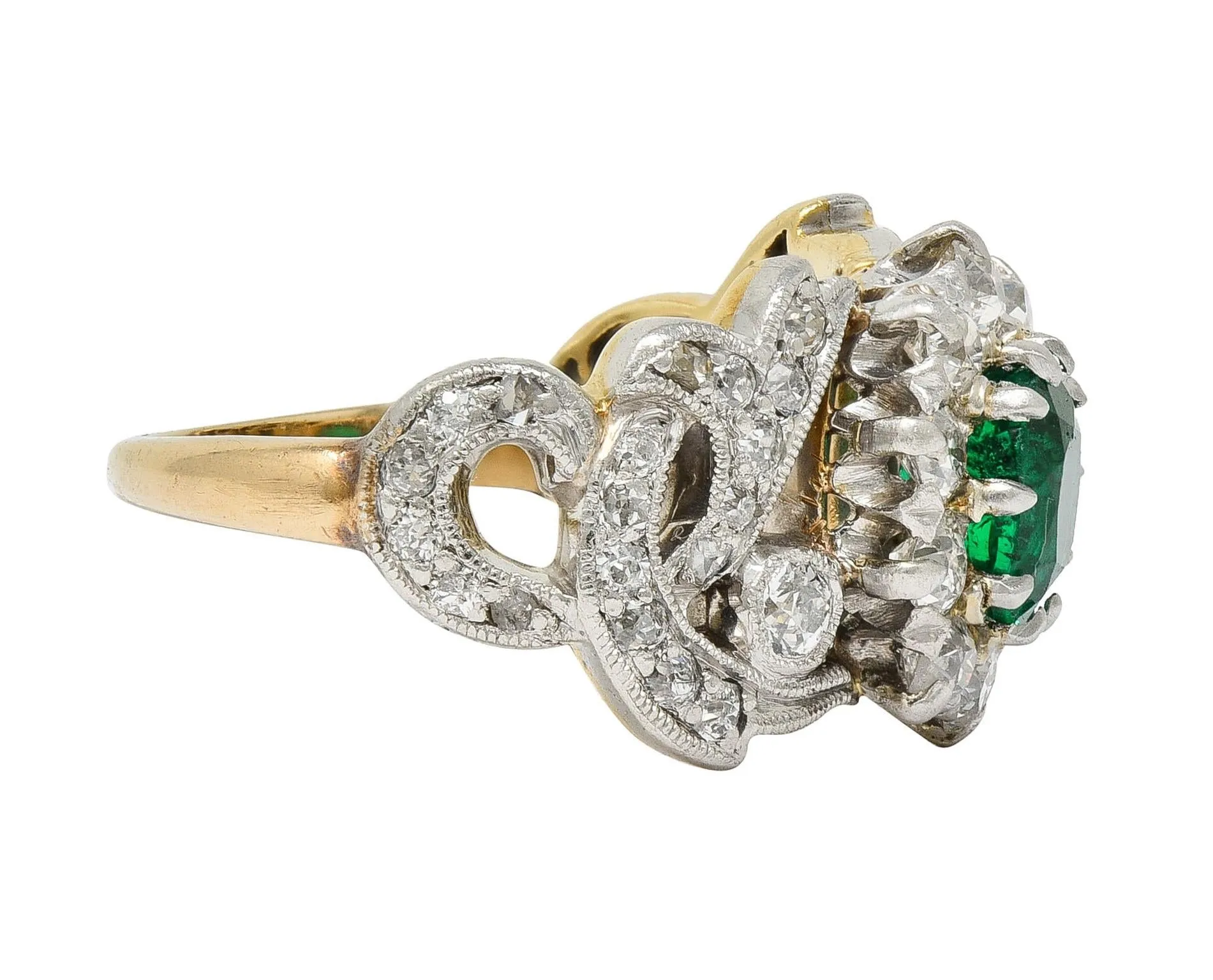 Edwardian 1.85 CTW Emerald Diamond Platinum 14 Karat Yellow Gold Scrolling Antique Halo Ring
